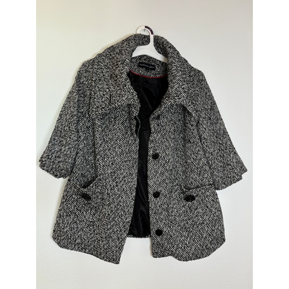 Ambiance Apparel Herringbone Pea Coat Black White 3/4 Sleeve Large